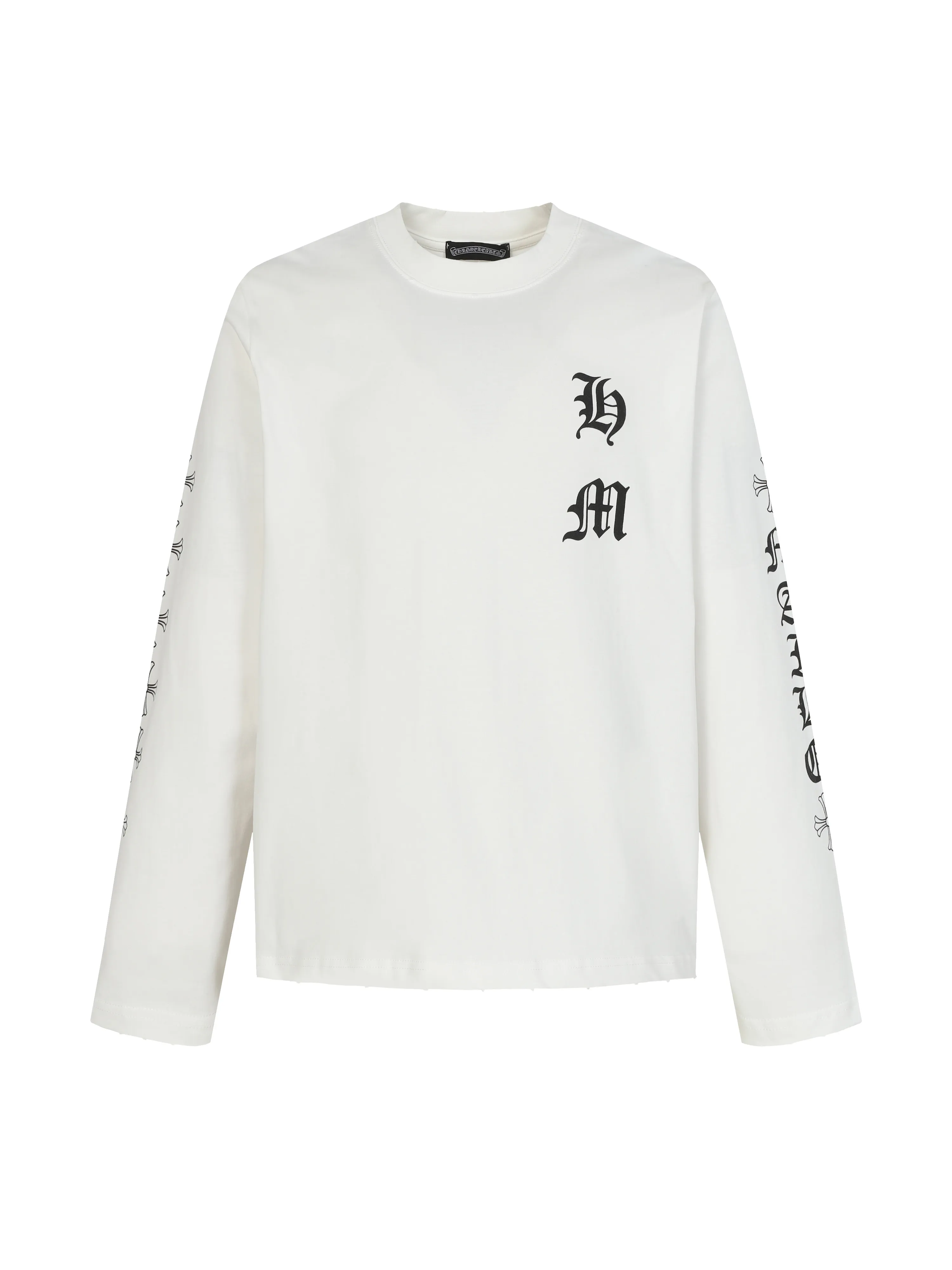 🅿️270 CH/Croxin new frayed printed long sleeves 280g double yarn fabric frayed on four sides Heavy fabric The neckline is made of icy Solona Loose fit Deep, wide and stylish No deformation or shrinkage Color: Black/White Size: XS-L